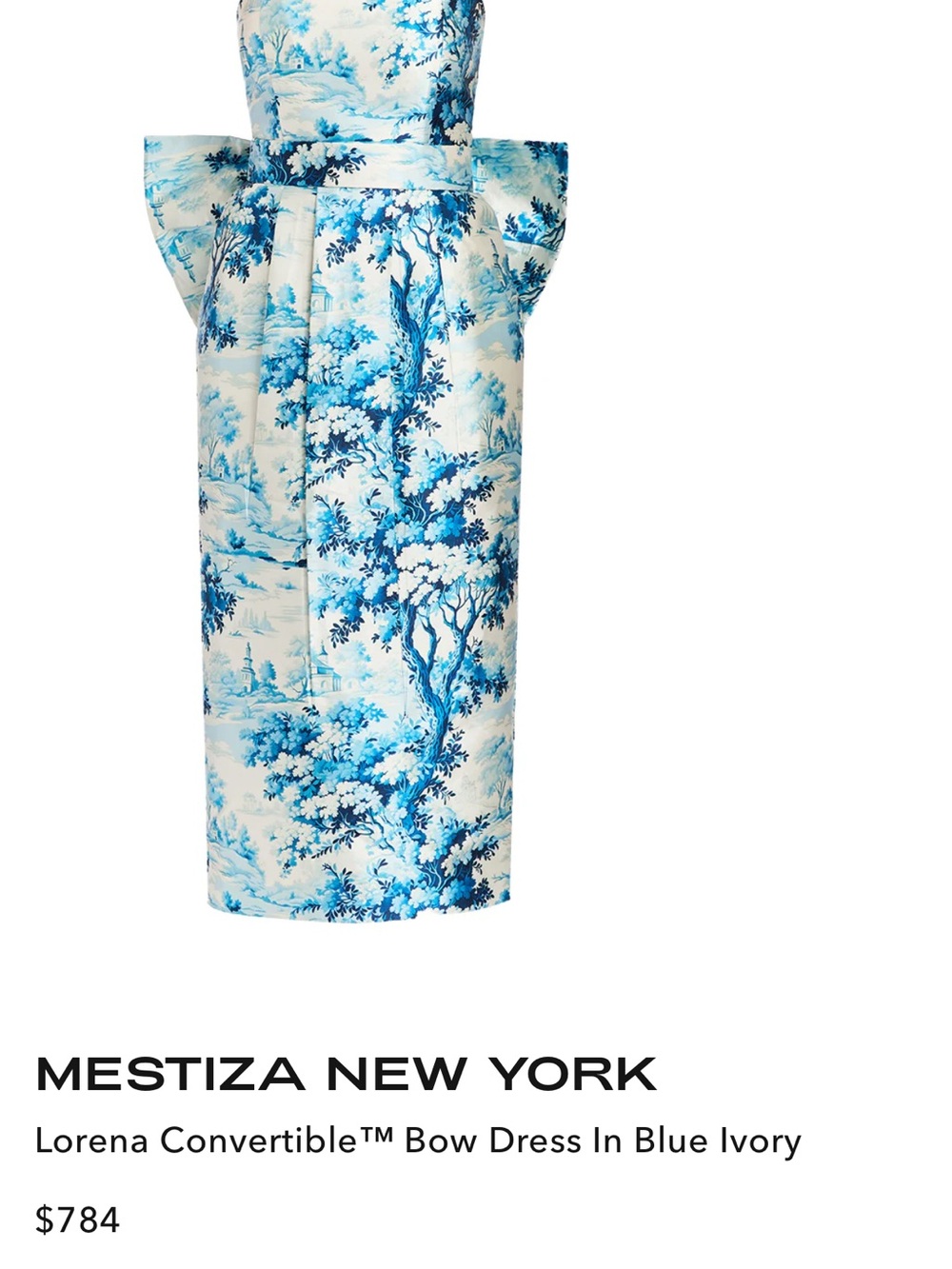 Strapless Blue Toile Midi Dress with Back Bow - Picture 7 of 10